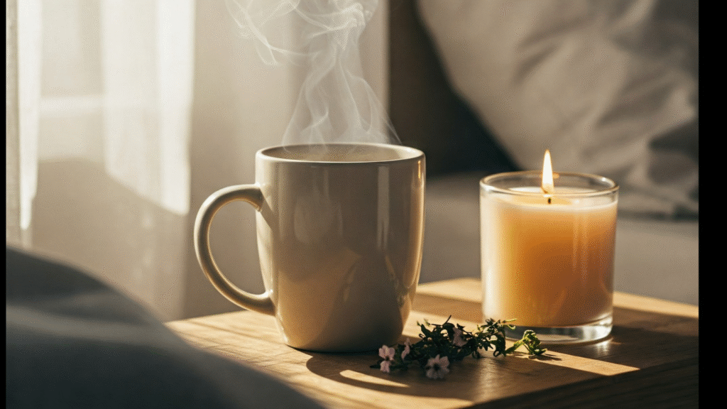 Nature at Your Side A nightstand with herbal tea, candlelight, and sunrise through an open window — symbolizing natural, peaceful wind-down