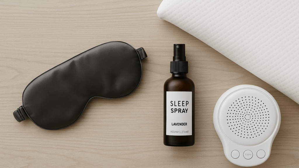 Tools That Actually Work A curated display of gentle sleep tools like a pillow, silk mask, and white noise machine on a clean nightstand