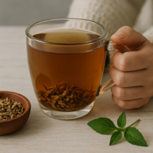 A calming cup of valerian tea made from dried valerian root, a natural remedy known to promote relaxation, reduce anxiety, and support falling asleep faster. Perfect for those seeking herbal solutions for better sleep quality.
